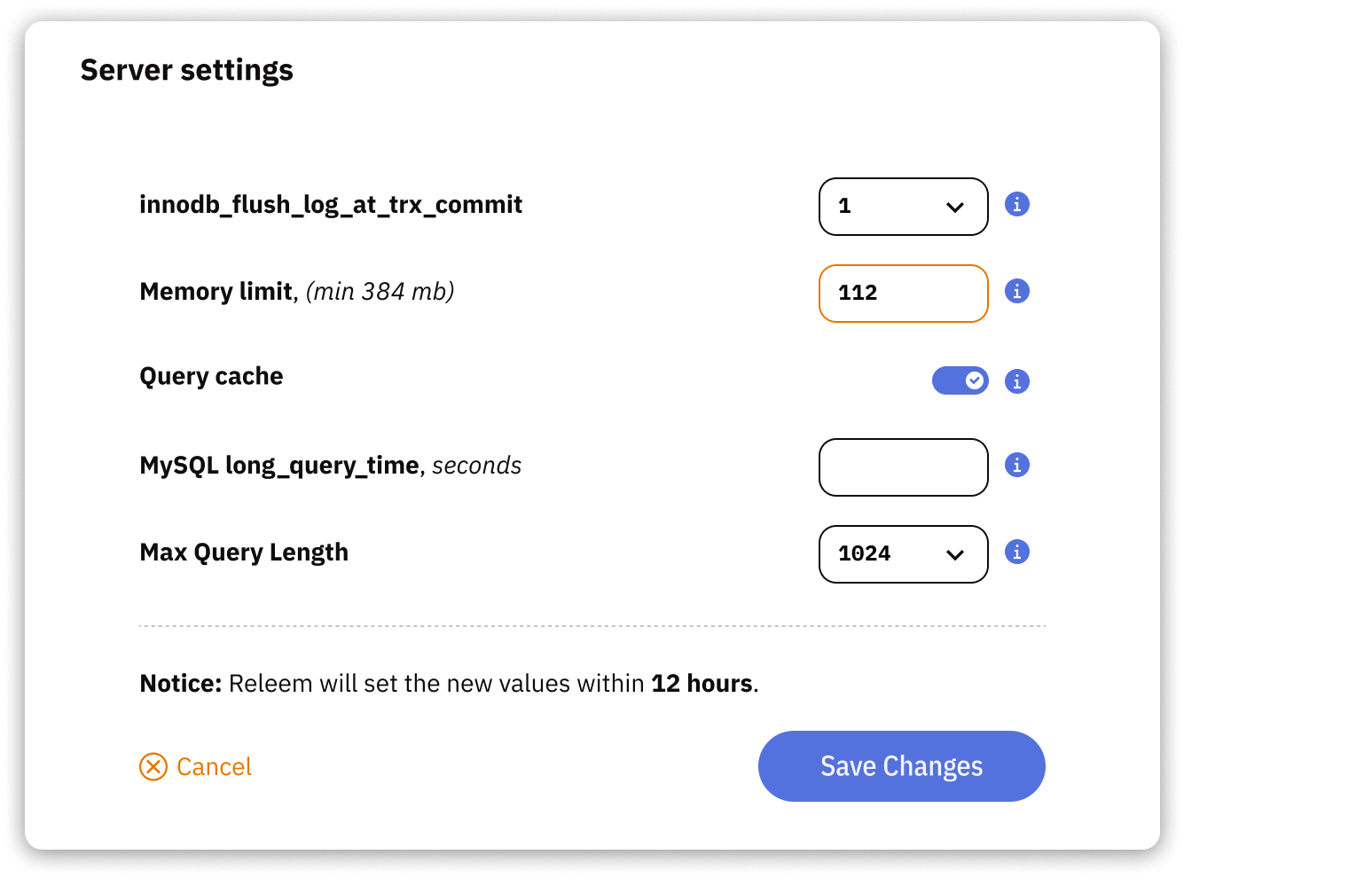 Releem Dashboard Recommended Configuration Settings