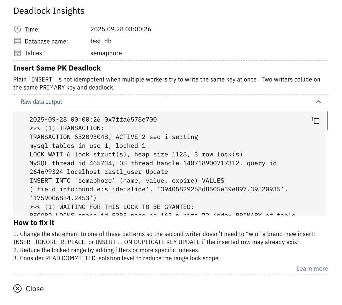 Releem Deadlock Monitoring Details